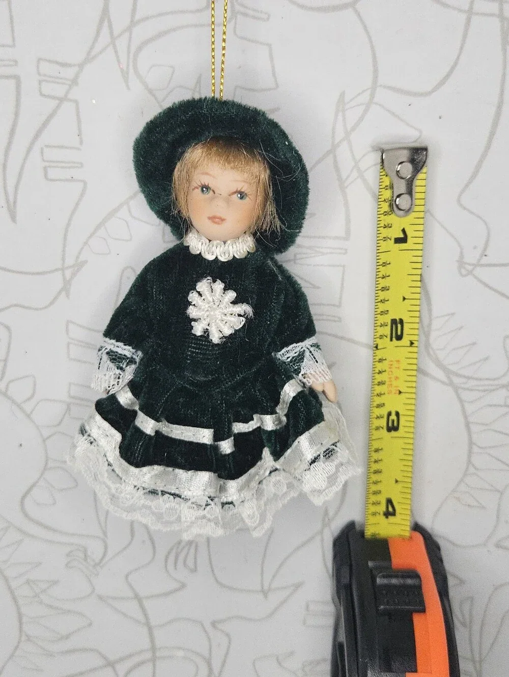 Vntg Victorian Porcelain Doll Christmas Ornament Green Velvet Dress Lace Holiday